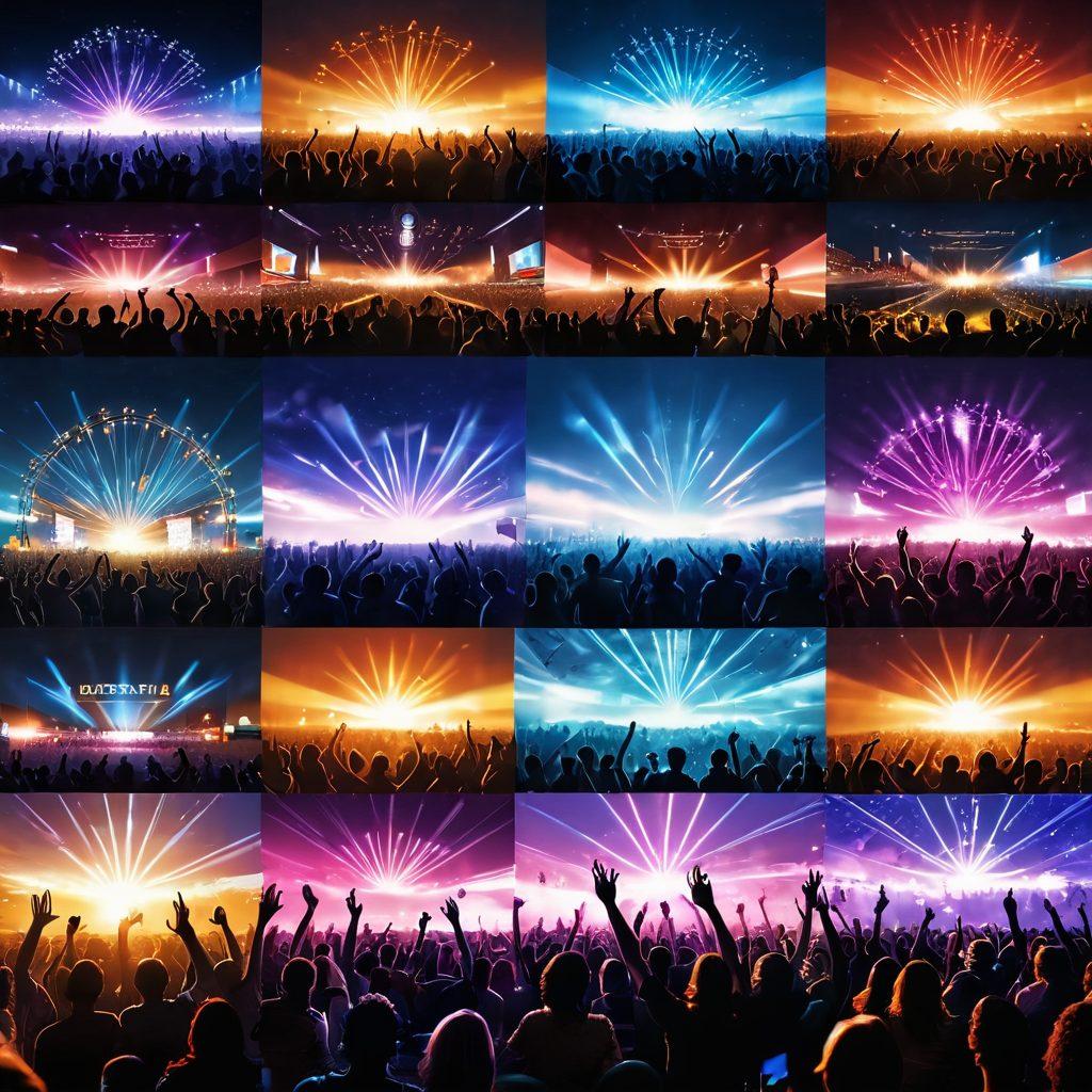 A captivating collage showcasing diverse live events like concerts, sports, and festivals. Incorporate vibrant audiences, a clear sky, dynamic light effects, and digital tracking icons symbolizing engagement. Highlight elements of technology such as mobile devices and social media interactions. The atmosphere should pulse with excitement and energy. super-realistic. vibrant colors. 3D.