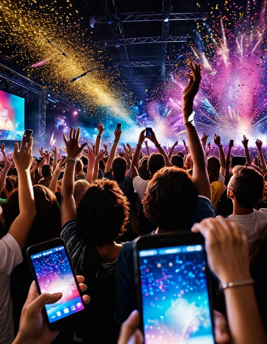 A vibrant scene capturing the excitement of a live event, with a diverse crowd enjoying a concert, colorful lights flashing, and a giant screen displaying real-time updates. Include elements like confetti flying in the air, people taking photos with their smartphones, and a close-up of a glowing event schedule. The atmosphere should be electric, conveying the pulse of live experiences. super-realistic. vibrant colors. dynamic composition.
